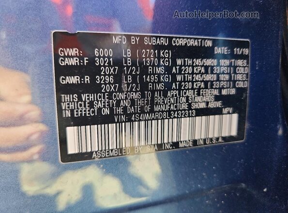 4S4WMARD8L3432313 2020 SUBARU ASCENT Blue Widok wnętrza 360 stopni