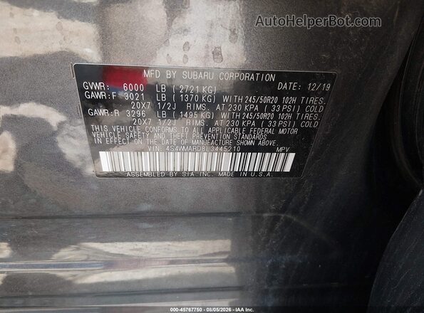 4S4WMARD8L3445210 2020 SUBARU ASCENT Gray ძრავის განყოფილების ხედი