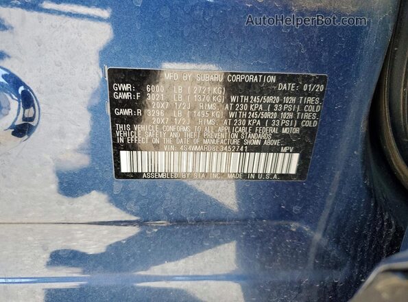 4S4WMARD8L3452741 2020 SUBARU ASCENT Blue Vista interior de 360 grados
