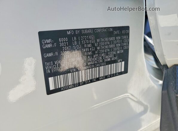 4S4WMARD9L3461805 2020 SUBARU ASCENT White VIN კოდის სტიკერის ხედი