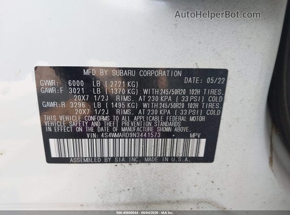 4S4WMARD9N3441573 2022 SUBARU ASCENT White Vista del compartimento del motor