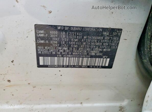 4S4WMARDXK3446390 2019 SUBARU ASCENT White VIN კოდის სტიკერის ხედი