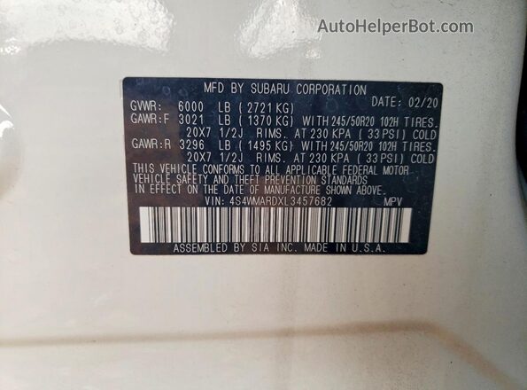4S4WMARDXL3457682 2020 SUBARU ASCENT White VIN կոդի պիտակի տեսք