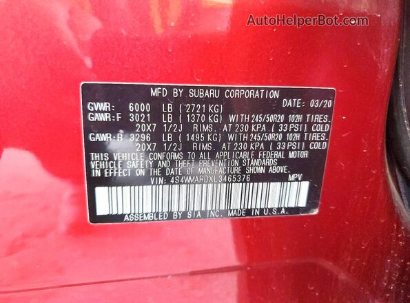 4S4WMARDXL3465376 2020 SUBARU ASCENT Maroon VIN կոդի պիտակի տեսք
