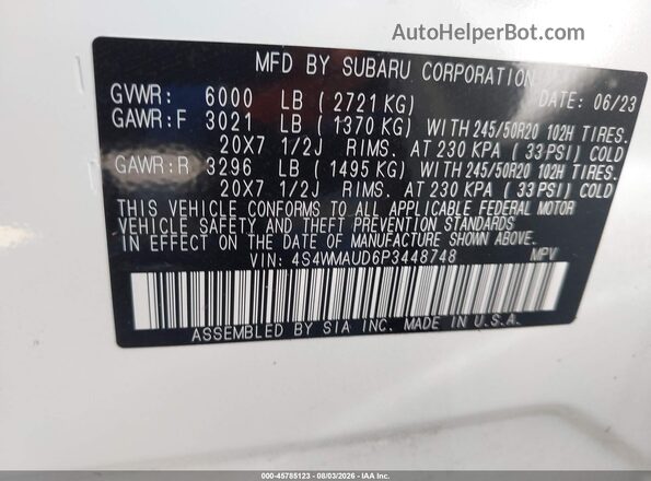4S4WMAUD6P3448748 2023 SUBARU ASCENT White ძრავის განყოფილების ხედი