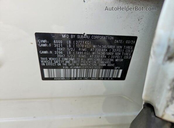 4S4WMAUDXR3431633 2024 SUBARU ASCENT White Vista de la etiqueta del VIN