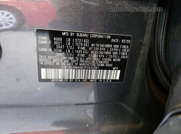 4S4WMAWD0P3420781 2023 SUBARU ASCENT Gray Вид наклейки з VIN-кодом