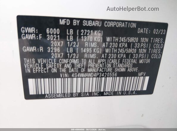 4S4WMAWD4P3420556 2023 SUBARU ASCENT White Widok komory silnika