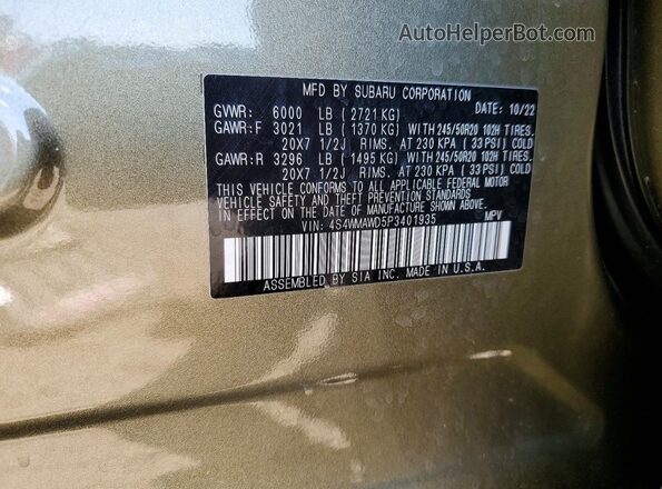4S4WMAWD5P3401935 2023 SUBARU ASCENT Зеленый Вид наклейки с VIN-кодом