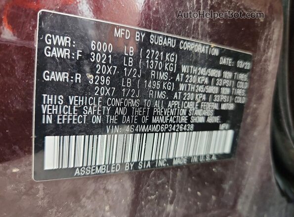 4S4WMAWD6P3426438 2023 SUBARU ASCENT Burgundy VIN sticker view