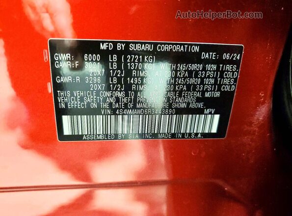 4S4WMAWD6R3443890 2024 SUBARU ASCENT Red Вид наклейки з VIN-кодом