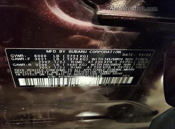4S4WMAWDXP3406340 2023 SUBARU ASCENT Burgundy VIN sticker view