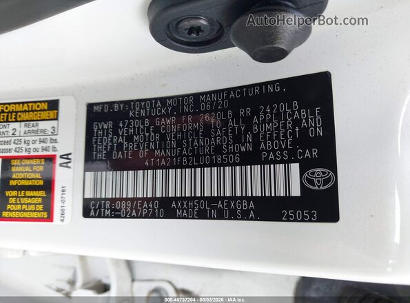 4T1A21FB2LU018506 2020 TOYOTA AVALON HYBRID White Շարժիչի բաժամունքի տեսք