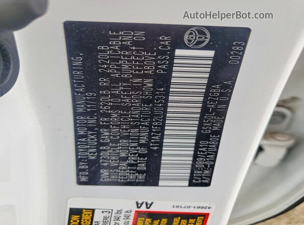 4T1AZ1FB2LU045314 2020 TOYOTA AVALON White Вид підкапотного простору