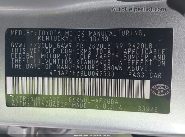 4T1AZ1FB9LU042393 2020 TOYOTA AVALON Серебряный Вид подкапотного пространства