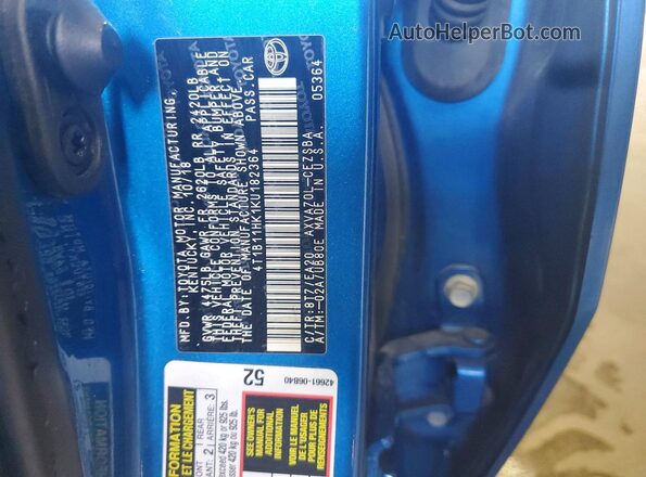 4T1B11HK1KU182364 2019 TOYOTA CAMRY Синий Вид подкапотного пространства
