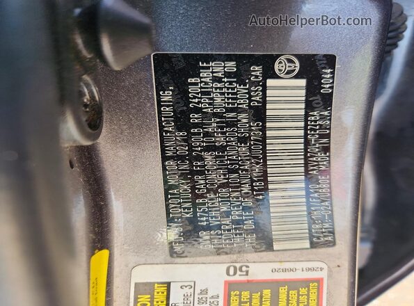 4T1B11HK2JU077315 2018 TOYOTA CAMRY Gray Widok naklejki z numerem VIN