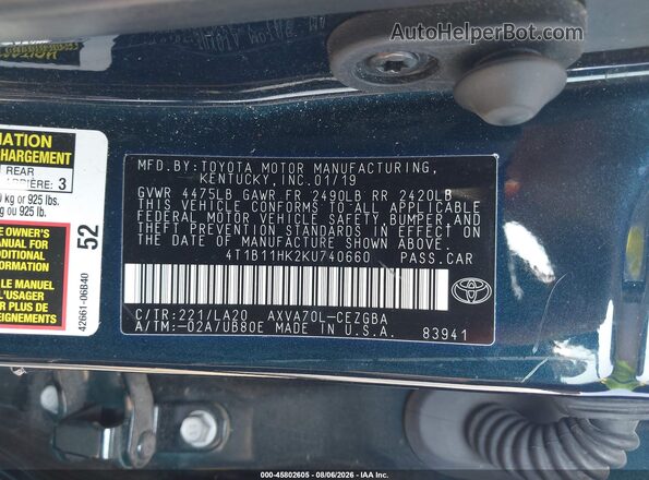 4T1B11HK2KU740660 2019 TOYOTA CAMRY Blue Widok komory silnika