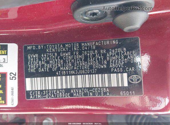 4T1B11HK3JU620137 2018 TOYOTA CAMRY Red Vista del compartimento del motor