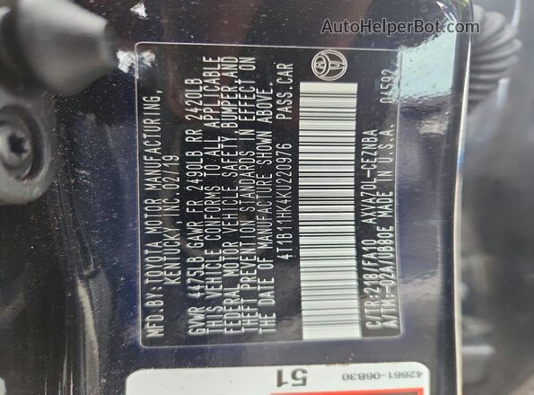 4T1B11HK4KU220976 2019 TOYOTA CAMRY Black Widok naklejki z numerem VIN