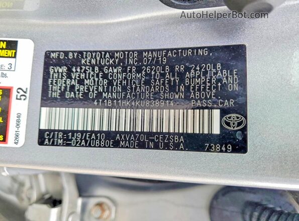 4T1B11HK4KU838914 2019 TOYOTA CAMRY Silver Vista de la etiqueta del VIN