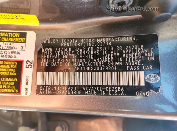4T1B11HK5JU079804 2018 TOYOTA CAMRY Gray Շարժիչի բաժամունքի տեսք