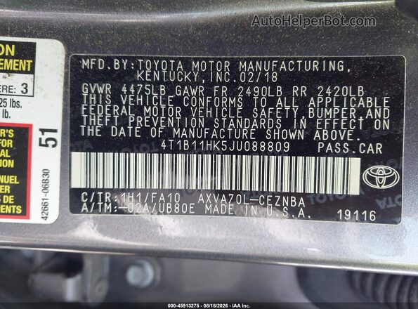 4T1B11HK5JU088809 2018 TOYOTA CAMRY Gray Շարժիչի բաժամունքի տեսք
