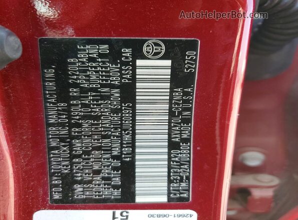 4T1B11HK5JU608975 2018 TOYOTA CAMRY Burgundy Շարժիչի բաժամունքի տեսք