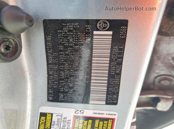 4T1B11HK5KU792669 2019 TOYOTA CAMRY Серебряный Вид наклейки с VIN-кодом