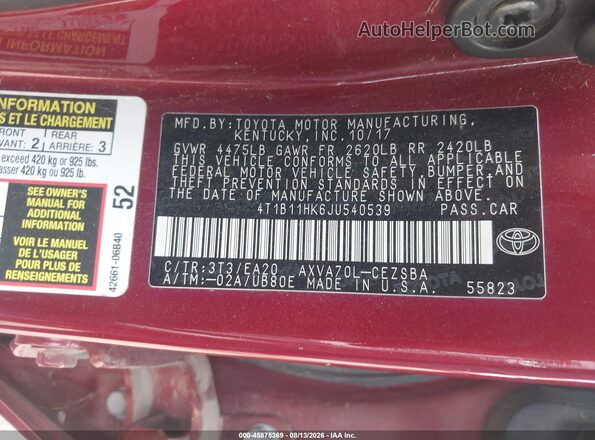 4T1B11HK6JU540539 2018 TOYOTA CAMRY Red Widok komory silnika