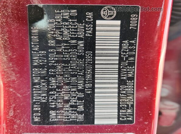 4T1B11HK6KU728950 2019 TOYOTA CAMRY Бордовый Вид наклейки с VIN-кодом