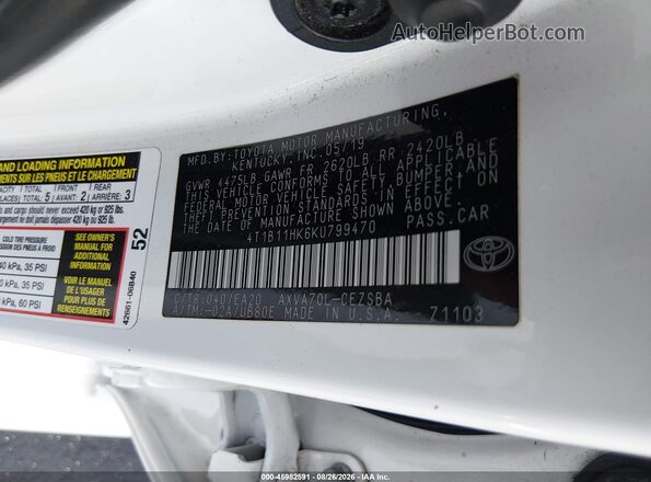 4T1B11HK6KU799470 2019 TOYOTA CAMRY White Вид підкапотного простору