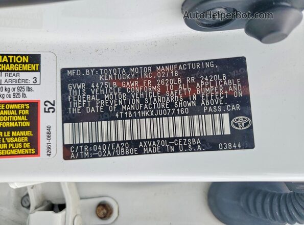 4T1B11HKXJU077160 2018 TOYOTA CAMRY Белый Вид подкапотного пространства