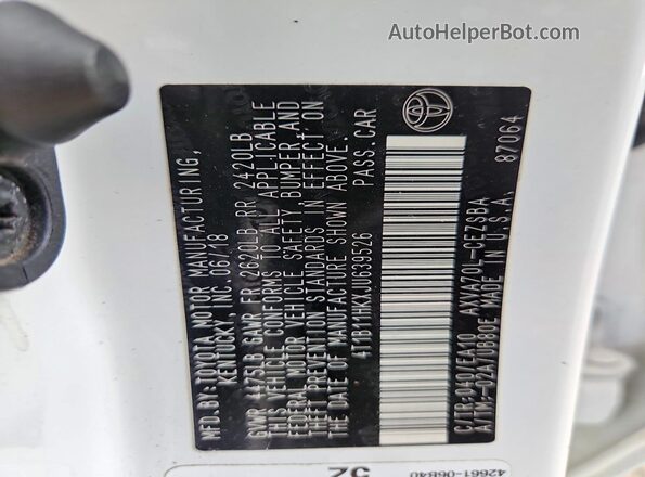 4T1B11HKXJU639526 2018 TOYOTA CAMRY White Շարժիչի բաժամունքի տեսք