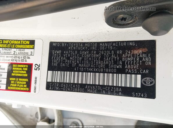 4T1B11HKXKU818800 2019 TOYOTA CAMRY Белый Вид подкапотного пространства