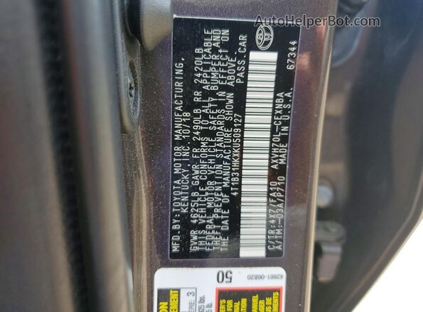 4T1B31HKXKU509127 2019 TOYOTA CAMRY Brown Vista del compartimento del motor