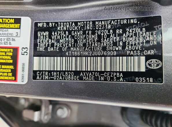 4T1B61HK2JU076909 2018 TOYOTA CAMRY Gray Widok komory silnika