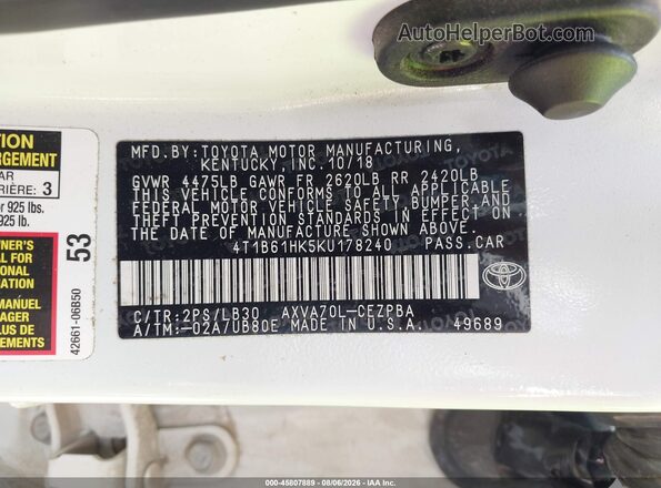 4T1B61HK5KU178240 2019 TOYOTA CAMRY Белый Вид подкапотного пространства