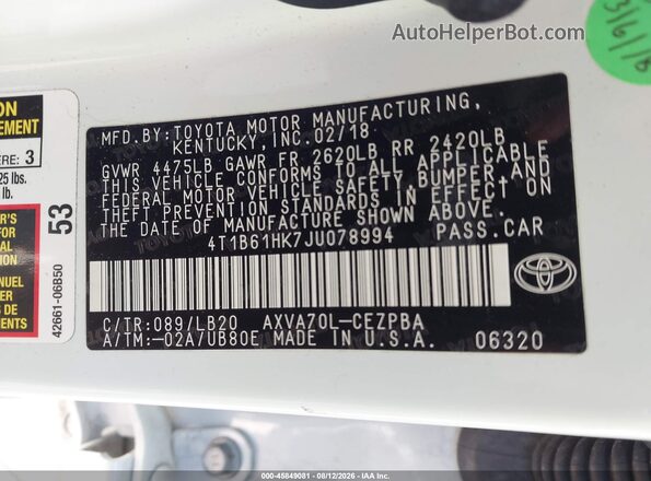 4T1B61HK7JU078994 2018 TOYOTA CAMRY White Շարժիչի բաժամունքի տեսք