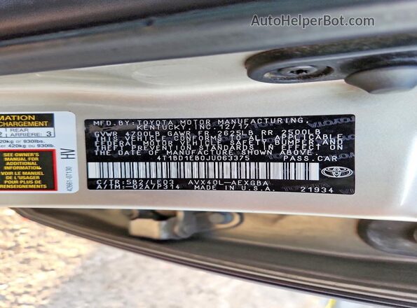 4T1BD1EB0JU063375 2018 TOYOTA AVALON Gold Engine compartment view