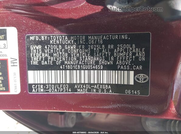 4T1BD1EB1GU054659 2016 TOYOTA AVALON HYBRID Темно-бордовый Вид подкапотного пространства