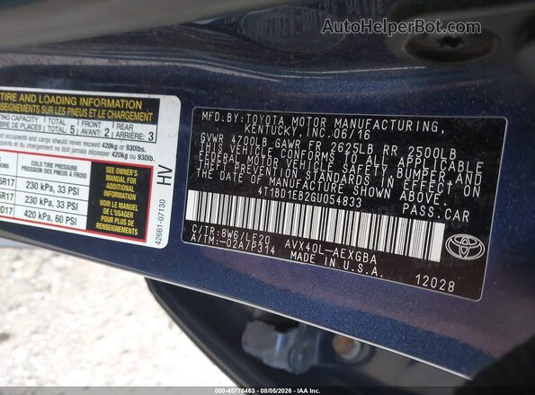 4T1BD1EB2GU054833 2016 TOYOTA AVALON HYBRID Синий Вид подкапотного пространства