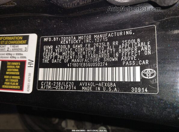 4T1BD1EB5GU050274 2016 TOYOTA AVALON HYBRID Black Вид підкапотного простору