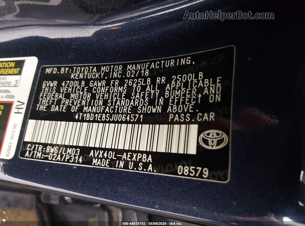 4T1BD1EB5JU064571 2018 TOYOTA AVALON HYBRID Blue Շարժիչի բաժամունքի տեսք