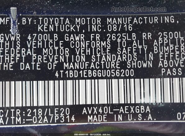 4T1BD1EB6GU056200 2016 TOYOTA AVALON HYBRID Черный Вид подкапотного пространства