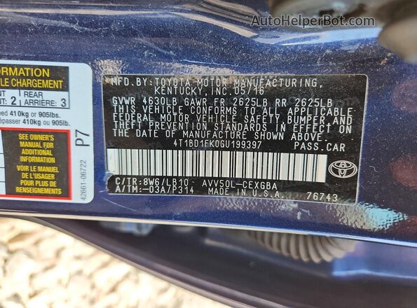 4T1BD1FK0GU199397 2016 TOYOTA CAMRY Blue ძრავის განყოფილების ხედი
