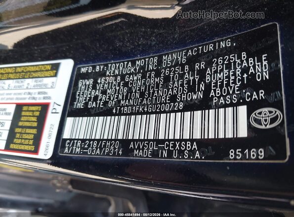 4T1BD1FK4GU200728 2016 TOYOTA CAMRY HYBRID Black Widok komory silnika