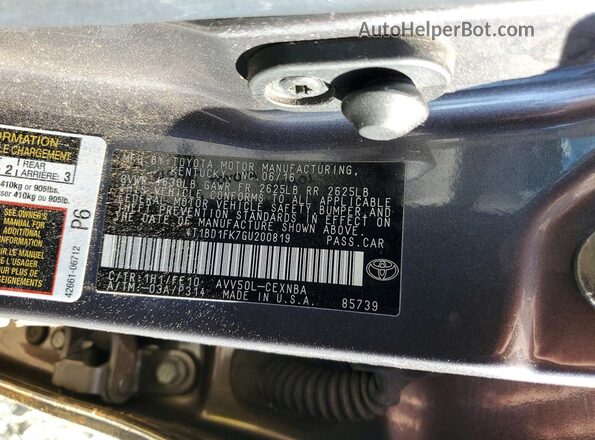 4T1BD1FK7GU200819 2016 TOYOTA CAMRY Charcoal Вид наклейки з VIN-кодом