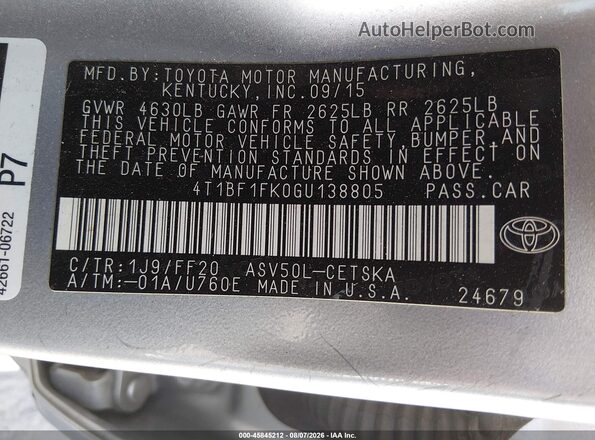 4T1BF1FK0GU138805 2016 TOYOTA CAMRY Silver Вид підкапотного простору