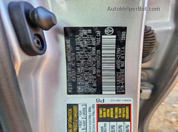 4T1BF1FK0HU337208 2017 TOYOTA CAMRY Silver Vista de la etiqueta del VIN